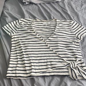 Madewell Texture and thread stripe black and white faux wrap top small